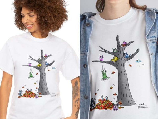 cats playing in leaves t-shirt