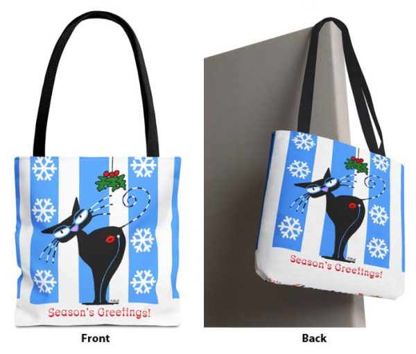 seasons greetings mistletoe cat tote bag