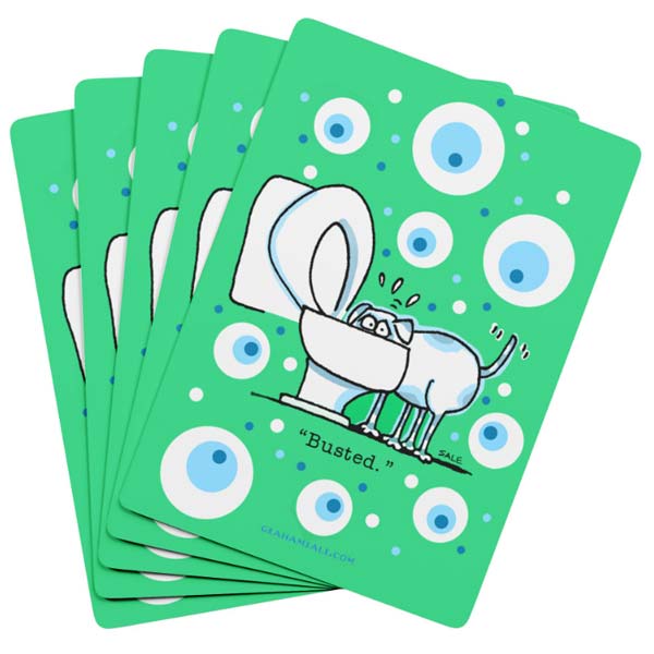 busted dog drinking from toilet playing cards