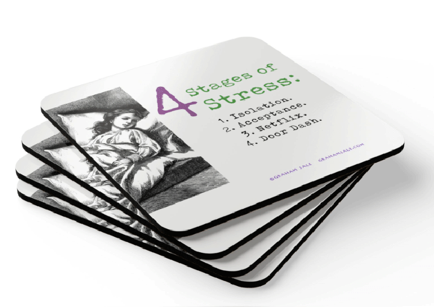 4 stages of stress drink coaster set