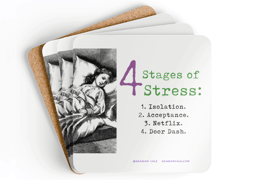 4 stages of stress drink coaster set